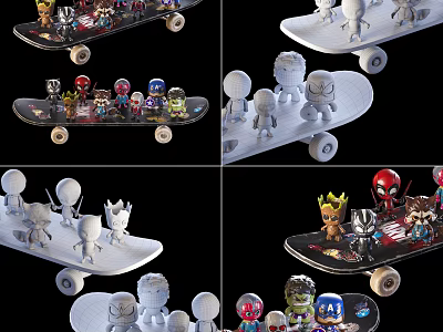 Decorated Sports Skateboards With Various Toy Figures And Different Creative Designs 3d model