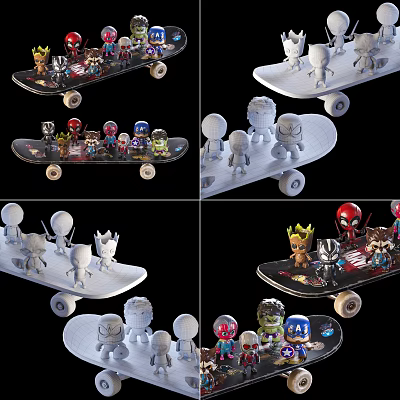 Modern skateboard children skateboard cartoon doll combination 3d model