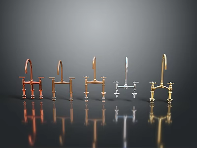 Copper Gold Silver Chrome Colored Faucets Displayed In Row With Reflections 3d model