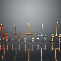 Copper Gold Silver Chrome Colored Faucets Displayed In Row With Reflections 3d model