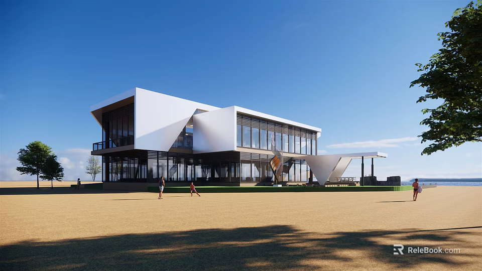 Modern Architectural Building Exterior With Glass Walls And White Roof Design 3d model 