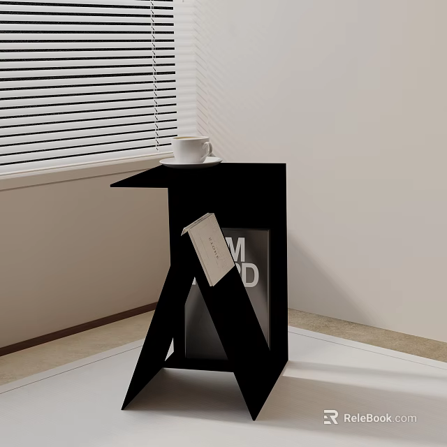 Modern Black Side Table With White Cup And Magazine By Window Blinds 3d model 