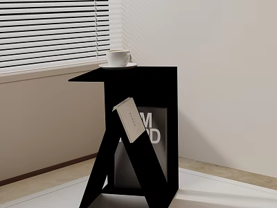 Modern Black Side Table With White Cup And Magazine By Window Blinds 3d model