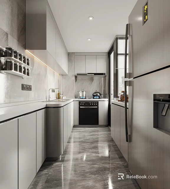 Modern Kitchen Interior Design With White Cabinets Marble Countertops And Appliances 3d model 