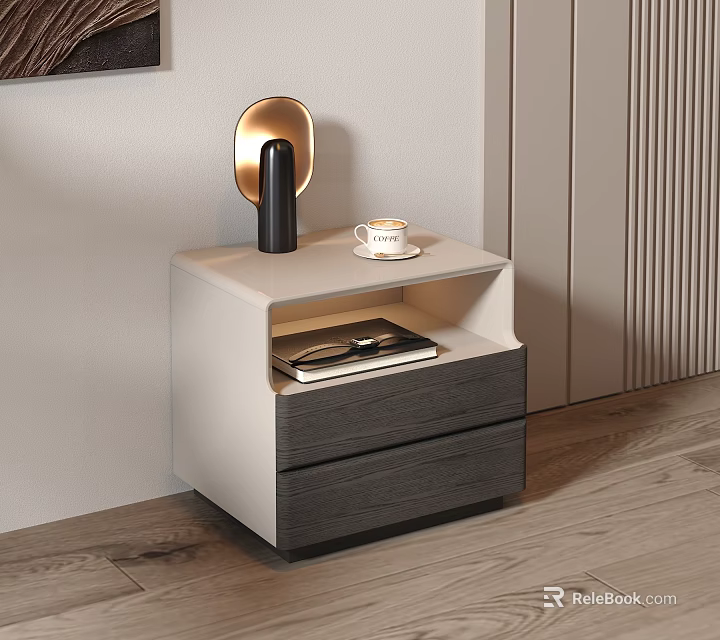 Modern Sleek Bedside Table With White Top Dark Drawers And Gold Accent Lamp 3d model 