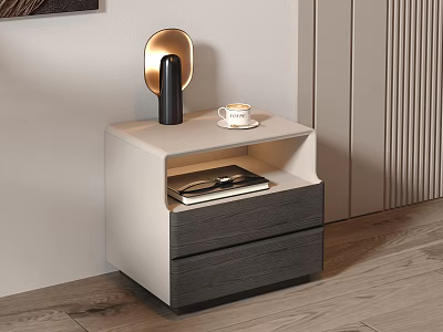 Modern Sleek Bedside Table With White Top Dark Drawers And Gold Accent Lamp 3d model