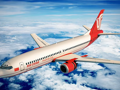 Air China Passenger Plane Flying Above Clouds With White And Red Livery In Blue Sky 3d model