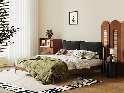 Double Bed with Wooden Headboard Green Quilt Pillows Wooden Nightstand Plant Painting and White Curtains 3d model