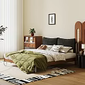 Double Bed with Wooden Headboard Green Quilt Pillows Wooden Nightstand Plant Painting and White Curtains