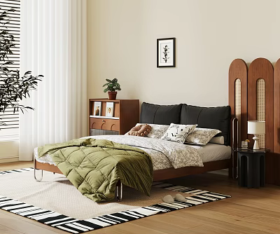 Double Bed with Wooden Headboard Green Quilt Pillows Wooden Nightstand Plant Painting and White Curtains 3d model