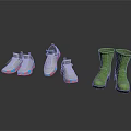 Everyday Life Footwear With Two Pairs Of Sneakers And Green Rain Boots