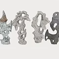 Stone and Wood Abstract Sculptures with Intricate Holes and Textures Displayed on White Background