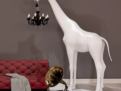 White Giraffe-shaped Floor Lamp in Stylish Living Room with Red Sofa and Gramophone 3d model