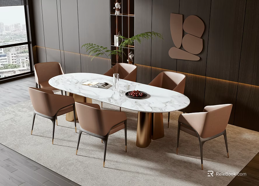Elegant Oval White Marble Dining Table Set with Six Beige Chairs Gold Legs 3d model 