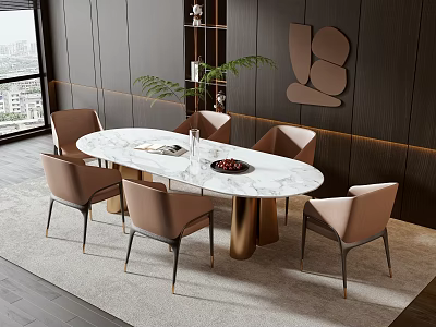 Elegant Oval White Marble Dining Table Set with Six Beige Chairs Gold Legs 3d model