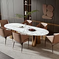 Elegant Oval White Marble Dining Table Set with Six Beige Chairs Gold Legs