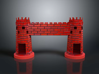 Red Brick Castle Model With Two Towers Connecting Structure And Red Base On Black Background 3d model