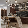 Luxurious Bar Area With Golden Chairs Marble Backsplash Chandelier And Wine Cabinets
