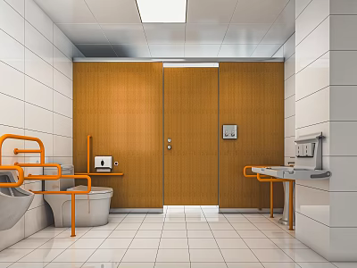 Public Restroom Interior With Wooden Cubicle Doors White Tiled Walls Orange Handrails And White Toilet 3d model