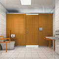 Public Restroom Interior With Wooden Cubicle Doors White Tiled Walls Orange Handrails And White Toilet
