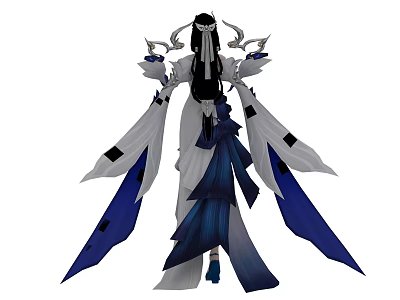 Elegant Game and Movie Character with Long Black Hair Blue White Robe and Decorative Horns 3d model