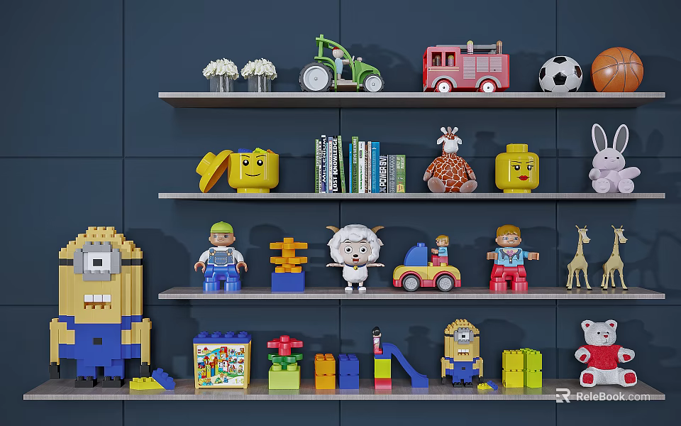 Assorted Children's Toys on Shelves Featuring Minion Sheep Rabbit and Building Blocks 3d model 