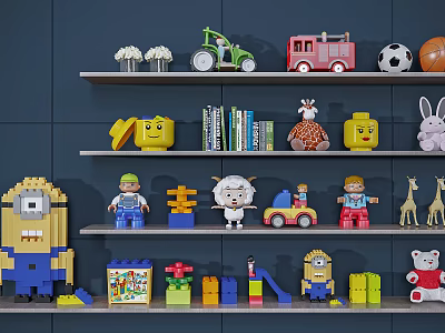 Assorted Children's Toys on Shelves Featuring Minion Sheep Rabbit and Building Blocks 3d model