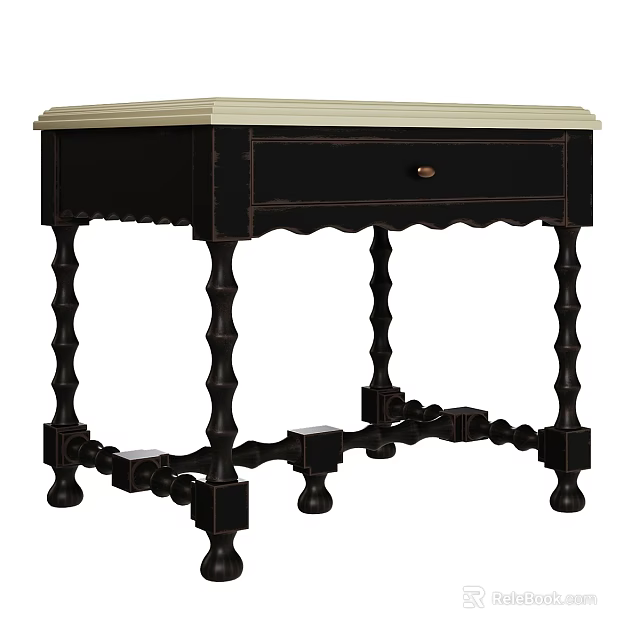 Black Bedside Table With Spiral Legs Gold Handle And Light Top Surface 3d model 
