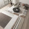 Square Rug With Brown White Gray Geometric Striped Patterns In Living Room With Coffee Table And Sofa