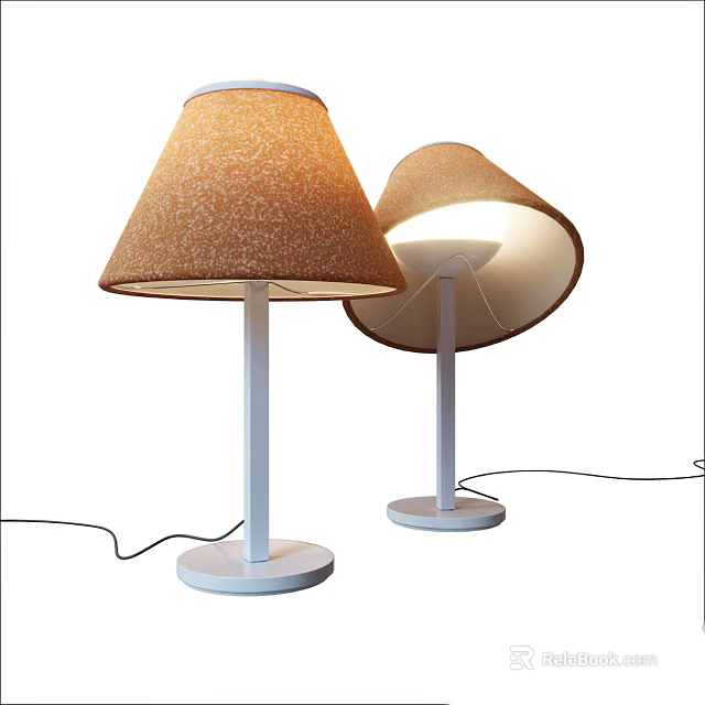 Modern Minimalist Table Lamps With Brown Patterned Fabric Shades White Stands And Illuminated Design 3d model 