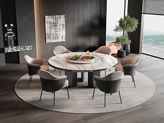 Modern Minotti Dining Table and Chair Combination Round Dining Table and Chair Leather Dining Chair Stone Dining Table 3d model