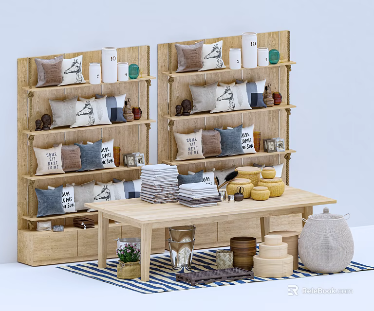 Wooden Display Shelves With Pillows Towels Tea Sets And Home Decor Items 3d model 