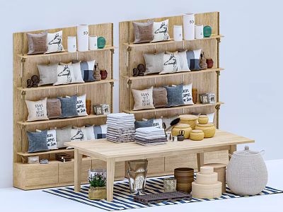 Wooden Display Shelves With Pillows Towels Tea Sets And Home Decor Items 3d model