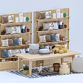Wooden Display Shelves With Pillows Towels Tea Sets And Home Decor Items