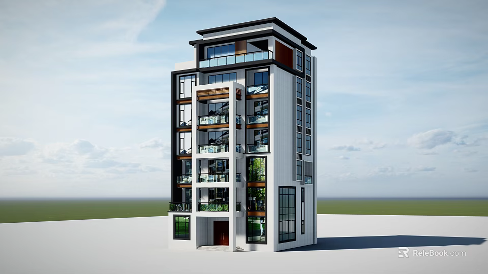 Modern Style Detached Villa With Multiple Floors Balconies And Large Windows 3d model 