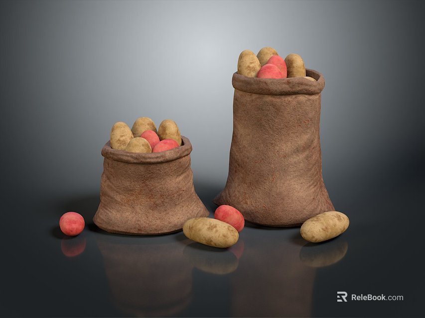 Fresh Potatoes in Burlap Sacks with Scattered Ones on Dark Background 3d model 