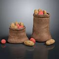 Fresh Potatoes in Burlap Sacks with Scattered Ones on Dark Background