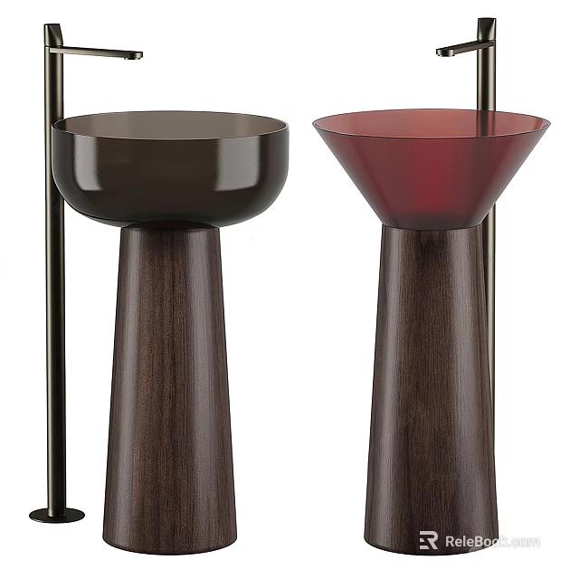 Two Modern Washbasins With Dark Brown And Red Bowls On Sleek Wooden Pedestals 3d model 