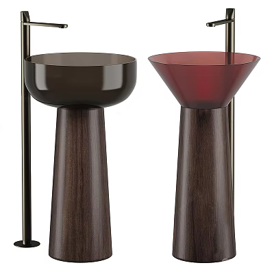 Two Modern Washbasins With Dark Brown And Red Bowls On Sleek Wooden Pedestals 3d model