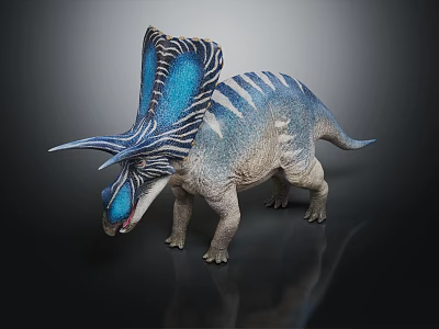 Blue White Triceratops Dinosaur with Striped Frill and Curved Horns Model 3d model