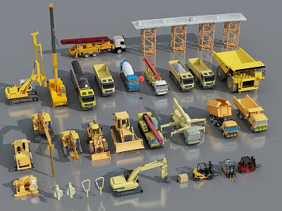Engineering vehicle road repair machinery combination construction heavy machinery vehicle excavator road roller forklift crane 3d model