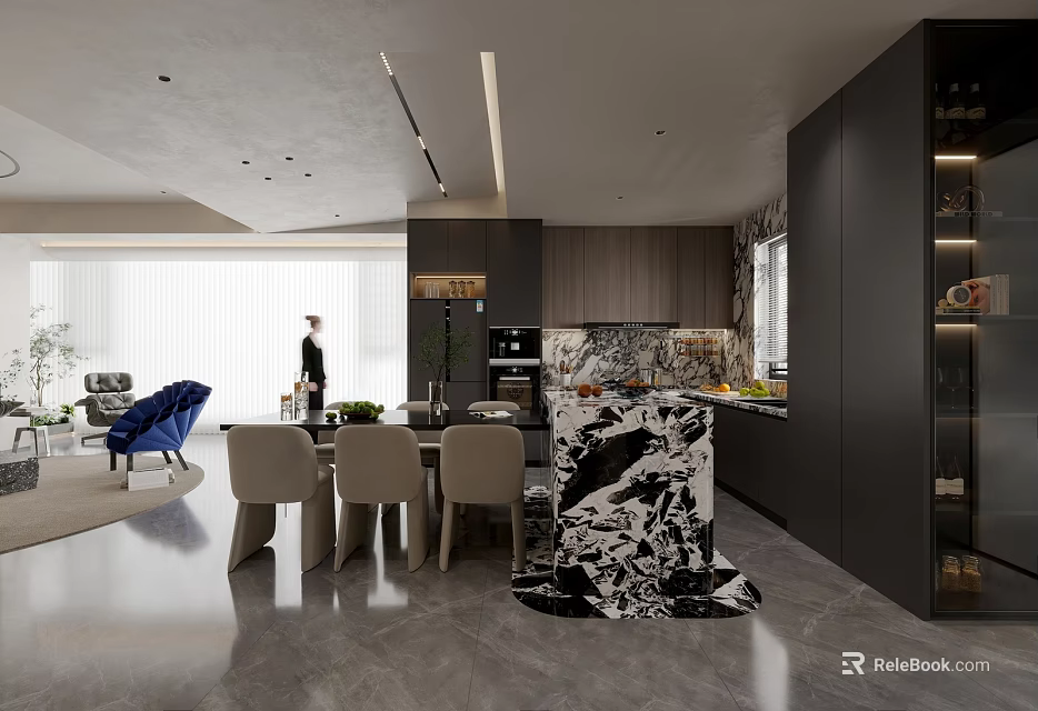 Modern Open Concept Dining Living Room Interior With Marble Table Chairs And Cabinets 3d model 