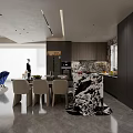 Modern Open Concept Dining Living Room Interior With Marble Table Chairs And Cabinets