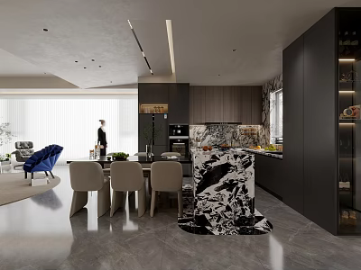 Modern Open Concept Dining Living Room Interior With Marble Table Chairs And Cabinets 3d model