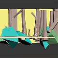 Vibrant Low Poly Cartoon Jungle Scene with Brown Trees Green Plants and Sandy Ground