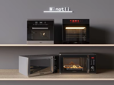 Minotli Daily Electrical Appliances Featuring Ovens And Microwave On Shelves With Food Inside 3d model