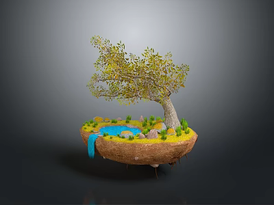Lush Green Tree on Floating Island with Yellow Grass Stones and Blue Waterfall 3d model