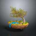 Lush Green Tree on Floating Island with Yellow Grass Stones and Blue Waterfall