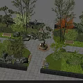 Serene Park Landscape Featuring Benches Trees Green Plants Stone Paths and Rocks