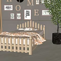 Wooden Kids Bed with Slatted Guardrail Colorful Bedding and Decorative Wall Art